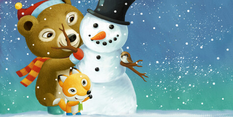 cartoon christmas scene with different animals and snowman illustration