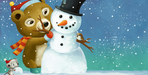 cartoon christmas scene with different animals and snowman illustration
