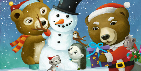 cartoon christmas scene with different animals and snowman illustration