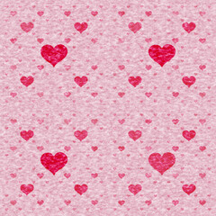 Red hearts background on textured pink and white paper
