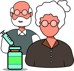 Old man symbol With needle and COVID 19 vaccine on white background