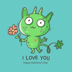 Valentine's day card with cute cartoon imp. Greeting print with doodle funny animal. Line art poster for children. Vector holiday illustration.