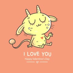 Valentine's day card with cute cartoon imp. Greeting print with doodle funny animal. Line art poster for children. Vector holiday illustration.