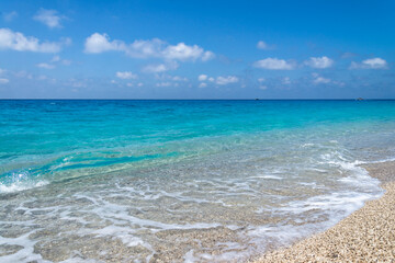 Fototapeta na wymiar Tropical sand beach and blue sky, hot summer day