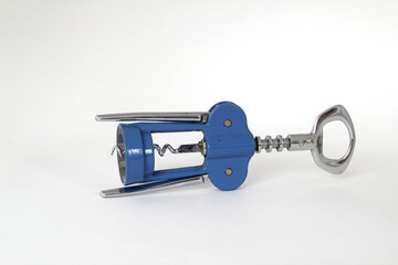 Blue Corkscrew for opening wine bottles on isolated white background
