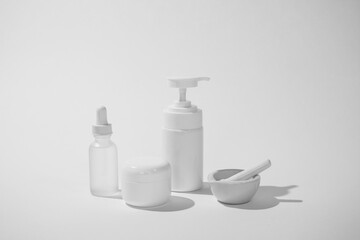 cosmetic and skin care package on white background with shadow. modern and minimal beauty product design.