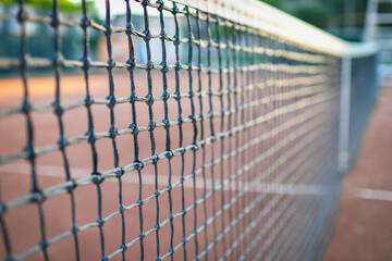 Close up of a tennis net. Selective focus. Low DOF.