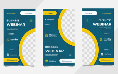 Set of minimalist social media stories post template for Business Webinar, Creative webinar, Online Education and other online seminars. with Green and Yellow background