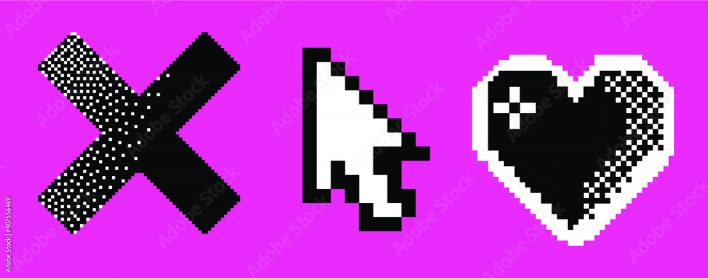 Aufkleber Pixel art user interface elements: heart, cursor and cross. Vaporwave and retrowave style graphics like in old computer games of the 90's.