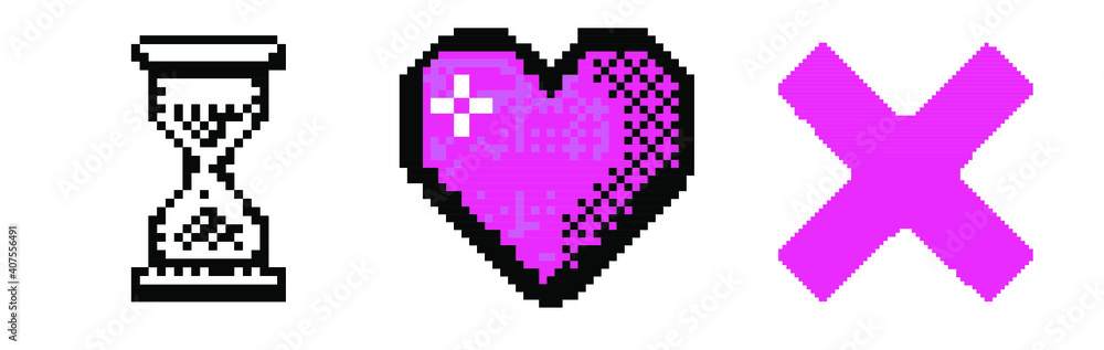 Poster Pixel art user interface elements: heart, cursor and cross. Vaporwave and retrowave style graphics like in old computer games of the 90's.