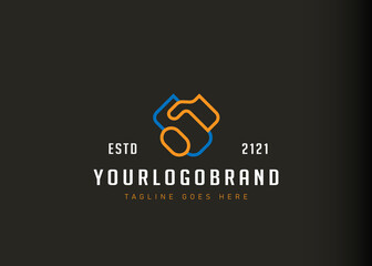 Digital marketing logo design inspiration. Vector illustration of trade cooperation symbol shaking hands. Modern vintage icon design template with line art style.