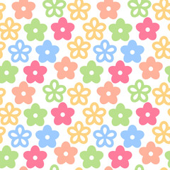 Seamless endless pattern with colorful flowers simple spring background, vector illustration