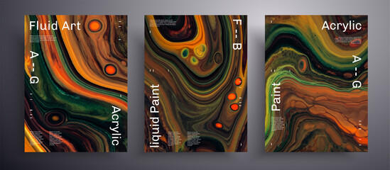 Abstract acrylic placard, fluid art vector texture set. Trendy background that can be used for design cover, poster, brochure and etc. Green, orange, brown and black creative iridescent artwork