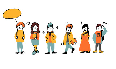 私服を着て大学に通う手書き風タッチの男女学生イラスト