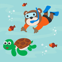 Fototapeta na wymiar Diving with funny bear and turtle with cartoon style. Creative vector childish background for fabric, textile, nursery wallpaper, poster, card, brochure. vector illustration background.