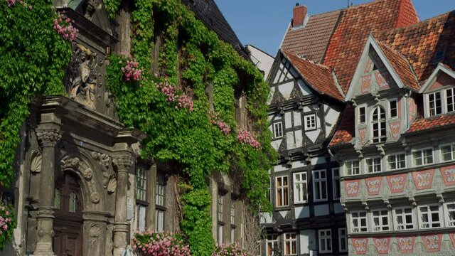 The market square and the town hall with half-timbered houses in the UNESCO World Heritage City of Quedlinburg, Saxony-Anhalt, Germany