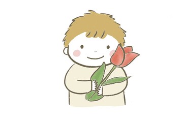 赤いチューリップを笑顔で持つ男の子