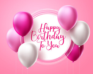 Happy birthday vector template design. Birthday greeting text in white frame space with balloon elements for party celebration and invitation card in pink background. Vector illustration.
