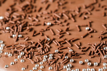 Chocolate cake sprinkled with fine icing