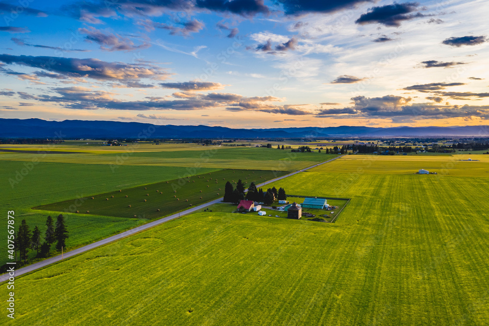 Poster Sunset over farm aerial