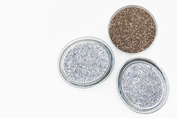 Chia seeds in a glass bowl, and Chia seed pudding. Close up view from above, white background with copy space