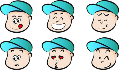 vector cartoon boy with cap emoji face set