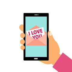 Love letter from email in smartphone screen in flat design on white background. I love you online message. Design for Valentine’s Day greeting card, poster, banner.