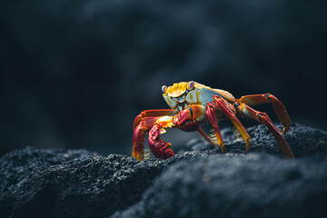 Colorful red and yellow crab walking on black pumice rock