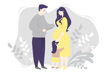 Motherhood. family vector flat - Happy pregnant woman in a yellow dress, gently hugs her belly. Next to her is a little daughter and a husband on a gray background with plants. Vector illustration