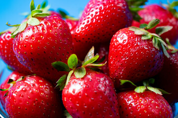 
Fresh strawberries on light blue background