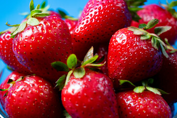 
Fresh strawberries on light blue background