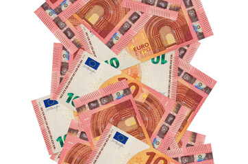 10 euro bills flying down isolated on white. Many banknotes falling with white copyspace on left...