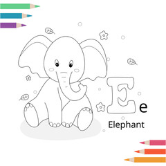Animal alphabet coloring book page for kids. Vector illustration. Hand drawn.