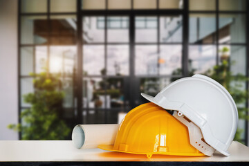 Construction house and building. Repair work. Drawings for building and helmet
