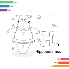 Animal alphabet coloring book page for kids. Vector illustration. Hand drawn.