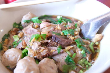 Thai style noodle blood soup. close up or selective focus