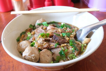 Thai style noodle blood soup. close up or selective focus