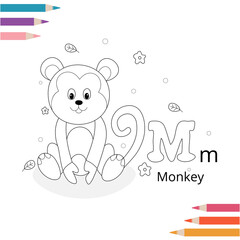 Animal alphabet coloring book page for kids. Vector illustration. Hand drawn.