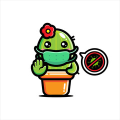 Vector design of cute cactus characters wearing masks against viruses