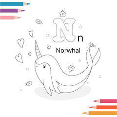 Animal alphabet coloring book page for kids. Vector illustration. Hand drawn.