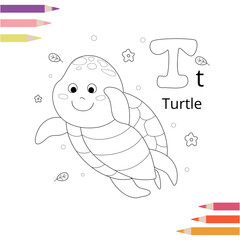 Animal alphabet coloring book page for kids. Vector illustration. Hand drawn.