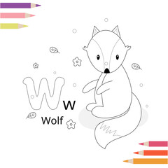 Animal alphabet coloring book page for kids. Vector illustration. Handdrawn.