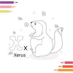 Animal alphabet coloring book page for kids. Vector illustration. Handdrawn.