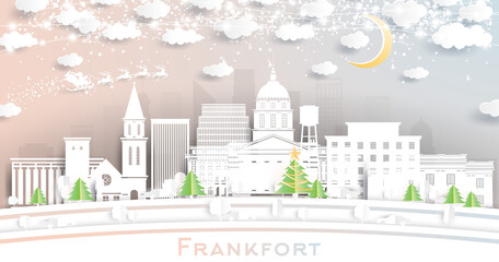 Frankfort Kentucky USA City Skyline in Paper Cut Style with Snowflakes, Moon and Neon Garland.