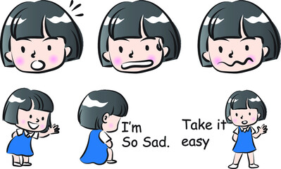 vector cartoon school girl emoji life action set