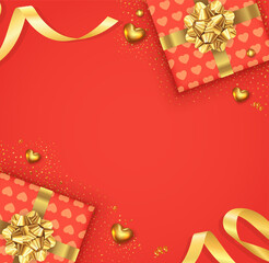 Red romantic background with bow and ribbon