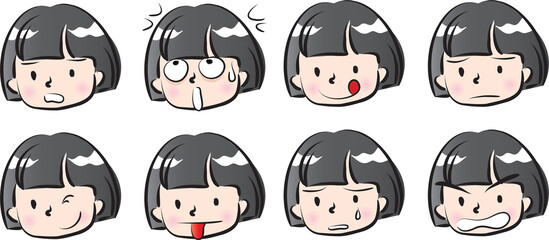 vector cartoon girl face emoji life action set