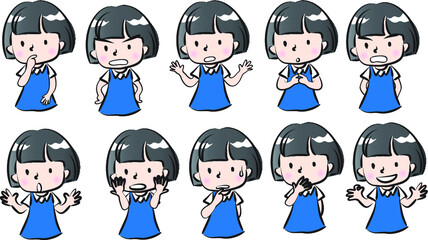 vector cartoon school girl emoji life action set