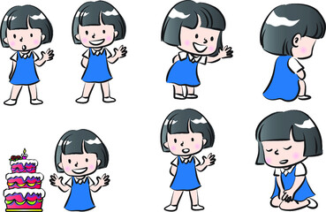 vector cartoon school girl emoji life action set