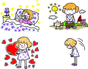 vector cartoon girl emoji life action set